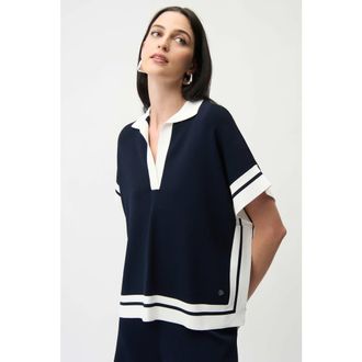 Joseph Ribkoff Viscose Blend Boxy Sweater With Stripe Detail in Midnight Blue/vanilla at Nordstrom, Size Xx-Large