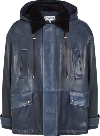 Loewe Hooded Panelled Leather Jacket - Navy - 48 (IT48 / M)