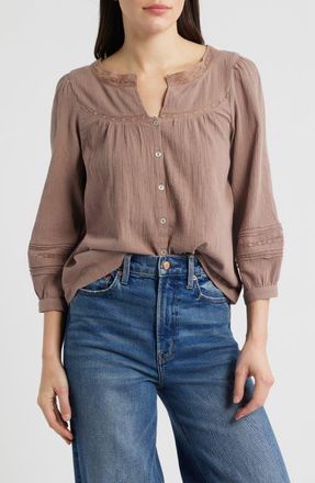 Lucky Brand Lace Detail Cotton Top in Deep Taupe at Nordstrom, Size X-Small