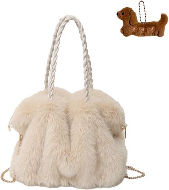 Generic Plush Tote Bag Women Plush Handbag Winter Crossbody Shoulder Bags Fluffy Faux Fur Handbag Casual Tote Messenger Bag for Women Shopping Travel (White)