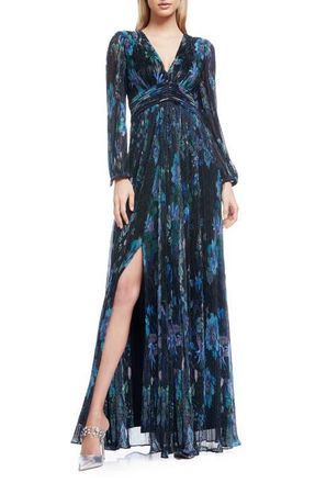 Dress The Population Pauline Metallic Floral Long Sleeve Gown in Turquoise Multi at Nordstrom, Size Medium