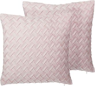 Beliani Beliani - Set of 2 Decorative Cushions Pink Faux Suede Lattice Weave 45x45cm Tithonia