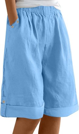 Generic Womens Linen Bermuda Shorts Long Wide Leg Casual Short Trousers Elasticated High Waist Summer Solid Shorts Knee Length Comfy Cotton Linen Pants Ladies