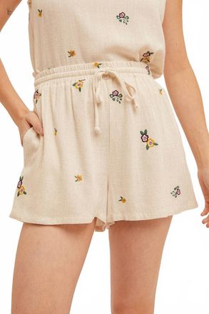 Hem & Thread Penelope Floral Embroidered Shorts In Beige