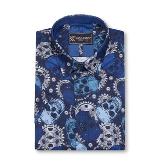 KAM AOP Retro Skull and Cogs Print Shirt Button Up Mens Plus Size 2XL-8XL 6070 (UK, Alpha, 6XL, Plus, Regular, Navy)