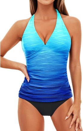 Holipick Two Piece Tankini Bathing Suits for Women Tummy Control Swimsuits Sexy V Neck Halter Tankini Top with Bikini Bottom, Blue Gradient, XL