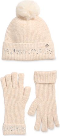 Ted Baker Crystal Faux Fur Pompom Beanie & Scarf Box Set in Ivory at Nordstrom Rack