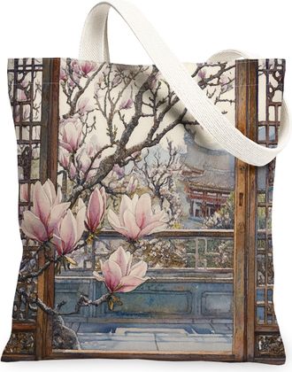 Generic Spring Magnolias Flower Canvas Tote Bag for Shopping 13x15, Farmhouse Country Floral Reusable Grocery Print Bag for Women, Window Rustic Beach Aesthet