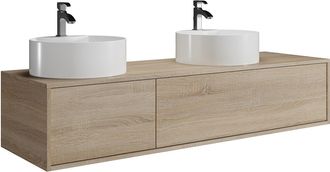 Vente-Unique Mueble de ba&ntilde;o suspendido color natural claro con doble lavabo sobre encimera redondo - L150 cm - ISAURE II