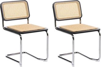 Beliani Set of 2 Dining Chairs Black and Natural Rattan Cantilever Silver Legs Armless Retro Design CORDOVA