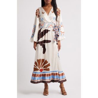 Ciebon Willow Print Long Sleeve Satin Maxi Dress in Brown Multi 2 at Nordstrom Rack, Size X-Small