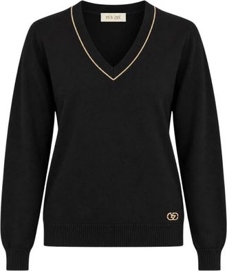 Yes-Zee V-hals Gebreid met Contrasterende Rand - Dames - V-hals truien - Zwart - L - Polyester - Truien & Vesten