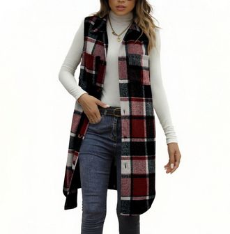 Generic Wine Womens Checked Gilets Longline Vest Jackets, Sleeveless Lapel Button Down Tweed Waistcoat with Pockets, Plain Collar Casual Gilet, Trendy Plaid P