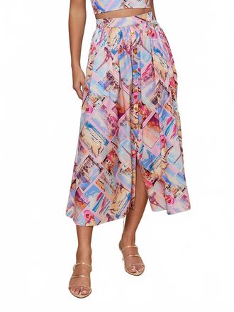 L'agence Seina Poplin Midi Skirt In Pink Multi Postcard Print
