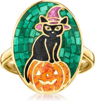 Ross-Simons Multi-Gemstone Halloween Cat and Pumpkin Mosaic Ring in 18kt Gold Over Sterling