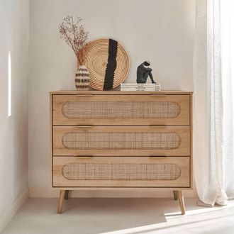 Sweeek 3-drawer Chest With Wood & Rounded Cane Rattan in Light Brown