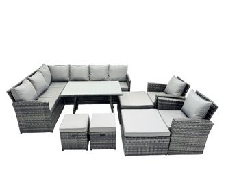 Fimous 12 Seat Patio Oblong Dining Table Corner Sofa Set with 4 Stool 2 Chair in Dark Grey