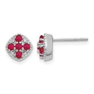 Diamond2Deal Sterling Silver Rhodium-plated Ruby Flower Stud Earrings