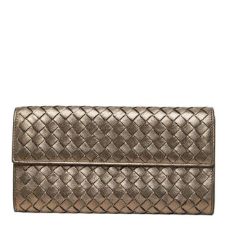 Bottega Veneta Intrecciato Champagne Gold Leather Long Wallet (Bi-Fold) (Pre-Owned)