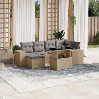 vidaXL Vidaxl - Set Sof&aacute;s De Jard&iacute;n 7 Piezas Y Cojines Rat&aacute;n Sint&eacute;tico Beige