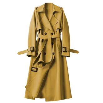 Generic Women Casual Long Trench Windproof Coat with Belt Solid Colour Double-Breasted Lapel Collar Windbreaker Jacket Spring Autumn Coat Outerwear