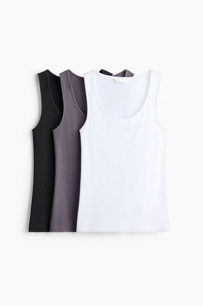 H&M 3-pack Ribbed Vest Tops in Black/dusty Purple/white at Nordstrom, Size Xx-Large