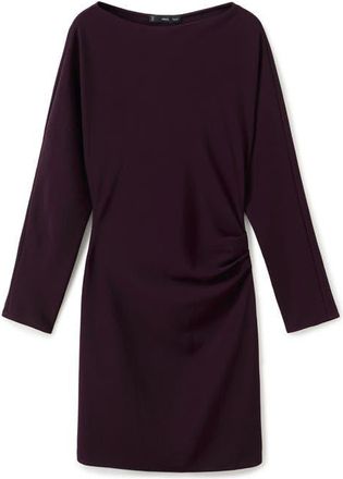 Mango Boat Neck Long Sleeve Ruched Minidress in Wine at Nordstrom, Size 10