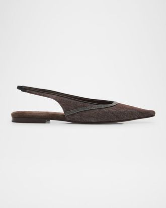 Brunello Cucinelli Denim Monili Slingback Ballerina Flats