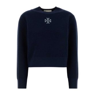 Tory Burch Tory Burch, Round-neck Knitwear, female, Blue, Size: S Wool Blend Sweater