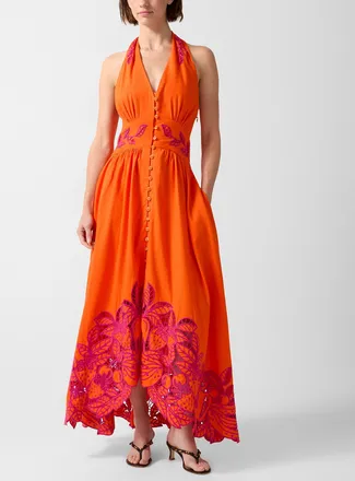 Farm Rio Womens Fruity Richelieu embroidery maxi halter dress