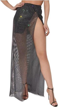 Santa Brands Kristal-Versierde Maxi Rok met Split - Dames - Maxi Rokken - Zwart - M/L - Rokken