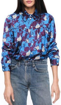 Smythe Floral Shirred Satin Button-Up Shirt in Lapis Floral at Nordstrom Rack, Size Medium