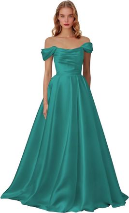 Generic Turquoise Womens Off The Shoulder Satin Prom Dresses Long Ruched A Line Formal Evening Party Ball Gown with Pockets 18