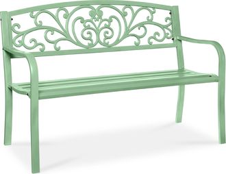 Best Choice Products Outdoor Steel Bench Garden Patio Porch Furniture w/ Floral Design Backrest, Slatted Seat