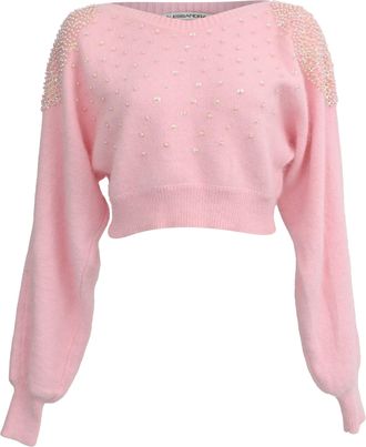 Alessandra Rich Beaded Cropped Sweater in Pink Anggora Wool