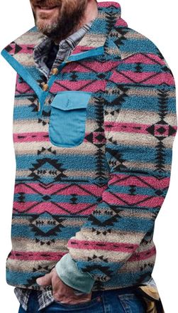Generic Aztec Fleece Pullover Mens Without Hood Fleece Jumper with Pocket Winter Jumper Mens Fleece Jacket Button Down Sweatshirt Warm Vintage Norwegian Pullo