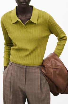 Mango Rib Long Sleeve Polo Sweater in Green at Nordstrom Rack, Size X-Small
