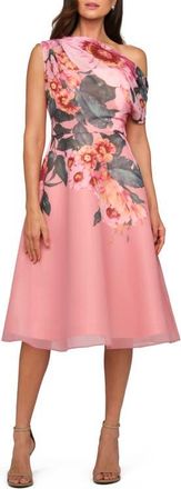 Kay Unger Katherine Floral One-Shoulder Midi Dress in Rose Petal Multi at Nordstrom, Size 16