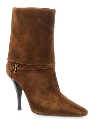 Saint Laurent Womens Ankle Strap Booties Niki Brown Suede Calf Leather Boot