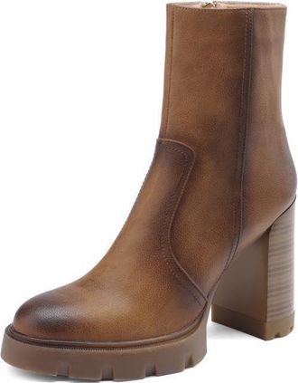 TinaCus Womens Handmade Genuine Leather Simple Side Zip Round Toe High Block Heel Platform Ankle Boots, Brown, 2 UK