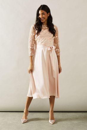 Wallis Womens Satin And Mesh Overlay Fit And Flare Dress - Pink - Size 12 UK