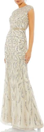 Mac Duggal Embellished Illusion Cap Sleeve Column Gown in Silver Nude at Nordstrom, Size 14