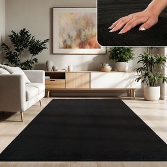 Paco Home Paco Home Alfombra Moderna Para Sal&oacute;n A Pelo Corto Lavable Suave Uni Efecto Piel Antideslizante Negro, 300x400 Cm
