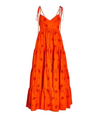 Erdem Floral-Embroidered Tiered Cotton-Poplin Midi Dress Size XL