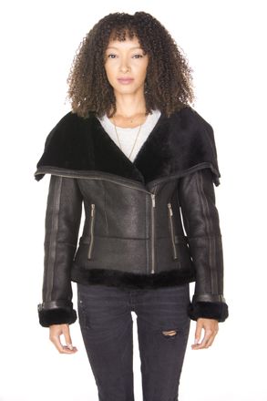 Infinity Leather Womens Merino Sheepskin Aviator Jacket-Asmara - Black Merino Wool - Size 18 UK