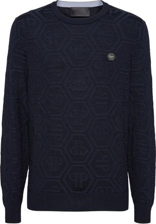 Philipp Plein Pullover Ronde Hals Monogram - Heren - Ronde hals truien - Blauw - 4XL - Wol - Truien & Vesten
