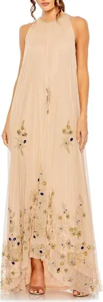 Mac Duggal High Neck Floral Embellished Trapeze Gown in Beige Gold at Nordstrom, Size 16