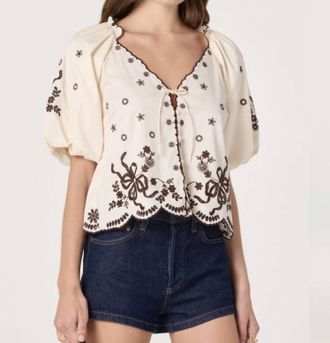 Astr Lucia Embroidered Puff Sleeve Blouse In Cream And Brown