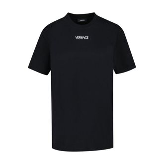 Versace Mens Writing Embroidery T-Shirt Black Cotton
