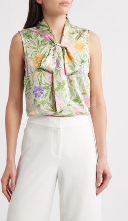 Tahari by ASL Floral Bow Neck Sleeveless Charmeuse Top in Floral Multi at Nordstrom, Size X-Large